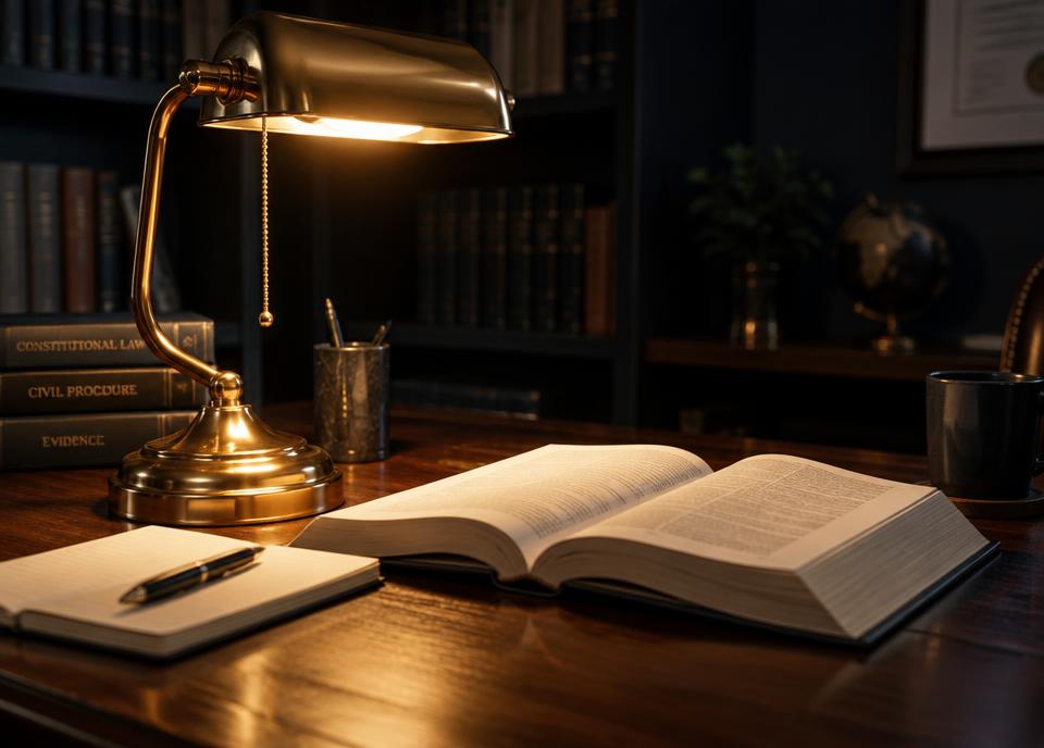 Brass desk lamp glowing over an open law book and notepad