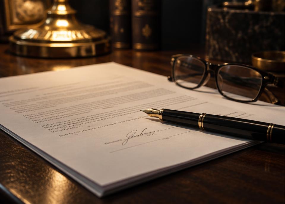Signed contract with a fountain pen and reading glasses