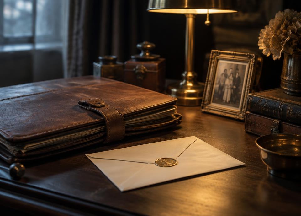 Leather estate file, sealed envelope and a framed family photograph