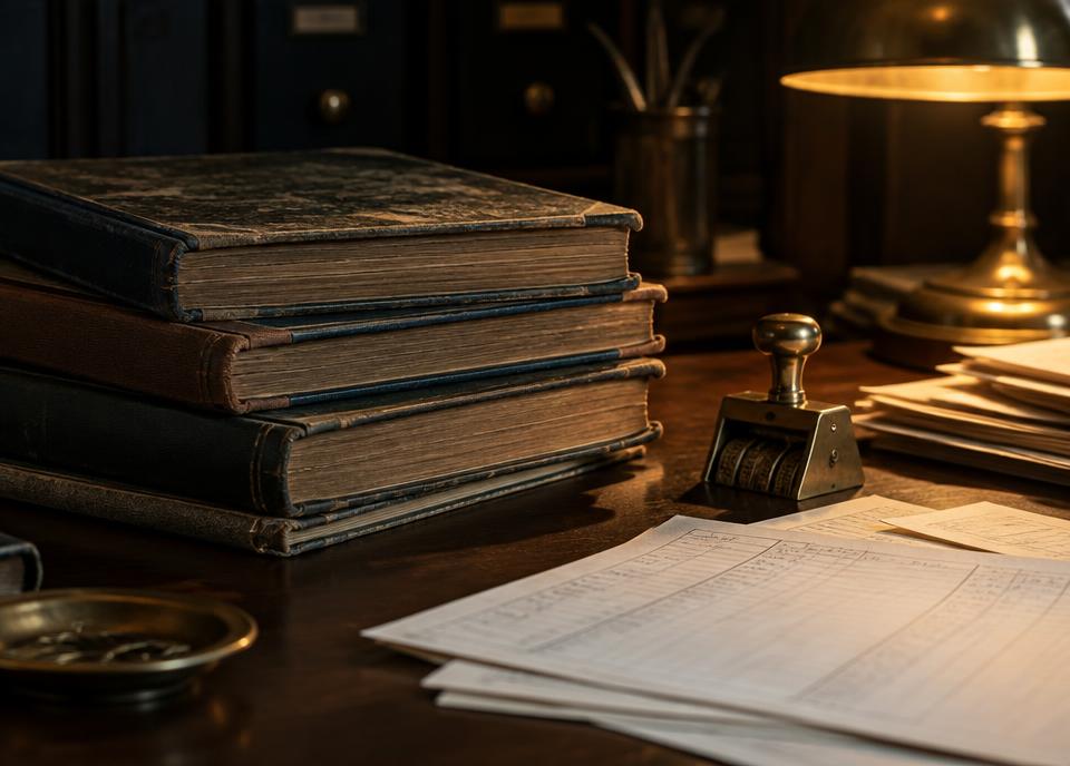 Closing ledger books, brass stamp and inventory papers