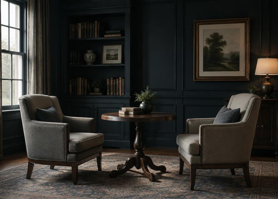 Two chairs facing each other across a round mediation table