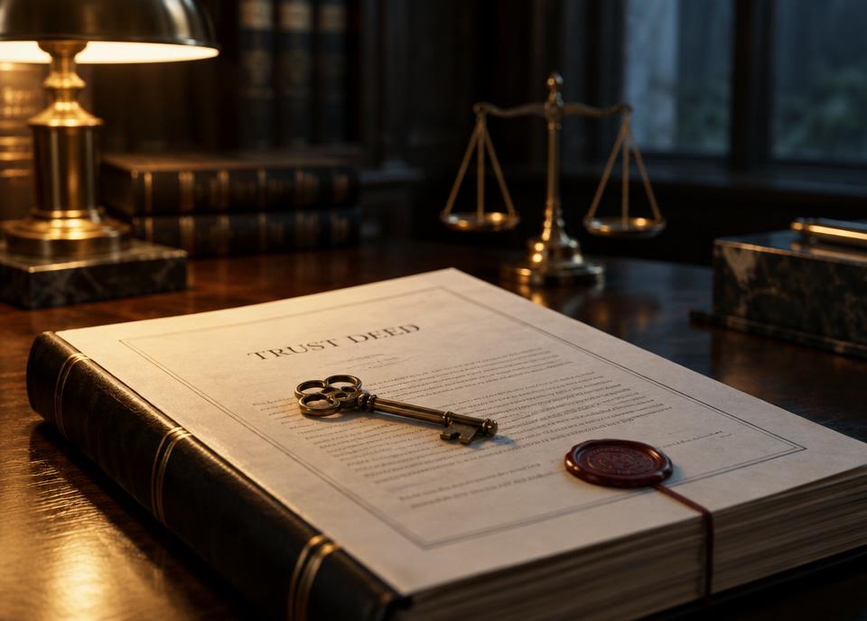 Bound trust deed with a wax seal, brass key and scales